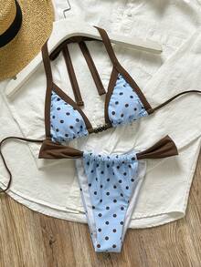Women's Swimwear, Casual Polkat Dot Blue Bikini, Beach Outfits For Woman, Vintage Y2K Cup World Vacation Back To School Bathing Suit Summer - Multicolor - View 3