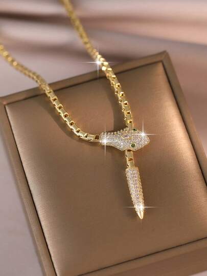 jealous young 1pc Luxury Exaggeration Golden Snake Shaped Cubic Zirconia Woman Pull Necklaces,Vintage Long Clavicle Chain For Daily Wear,Stylish Party Accessory And Gift