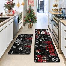 Covoraș de Crăciun 1/2 buc, fundal negru clasic de lux, împodobit cu fulgi de zăpadă albi, covoraș de bucătărie cu model drăguț de om de zăpadă și glob de Crăciun roșu, decorațiune de Crăciun, potrivit pentru decorarea petrecerilor, baie, bucătărie și spălătorie, bucătărie de acasă, utilizare în interior și exterior, decorare interioară