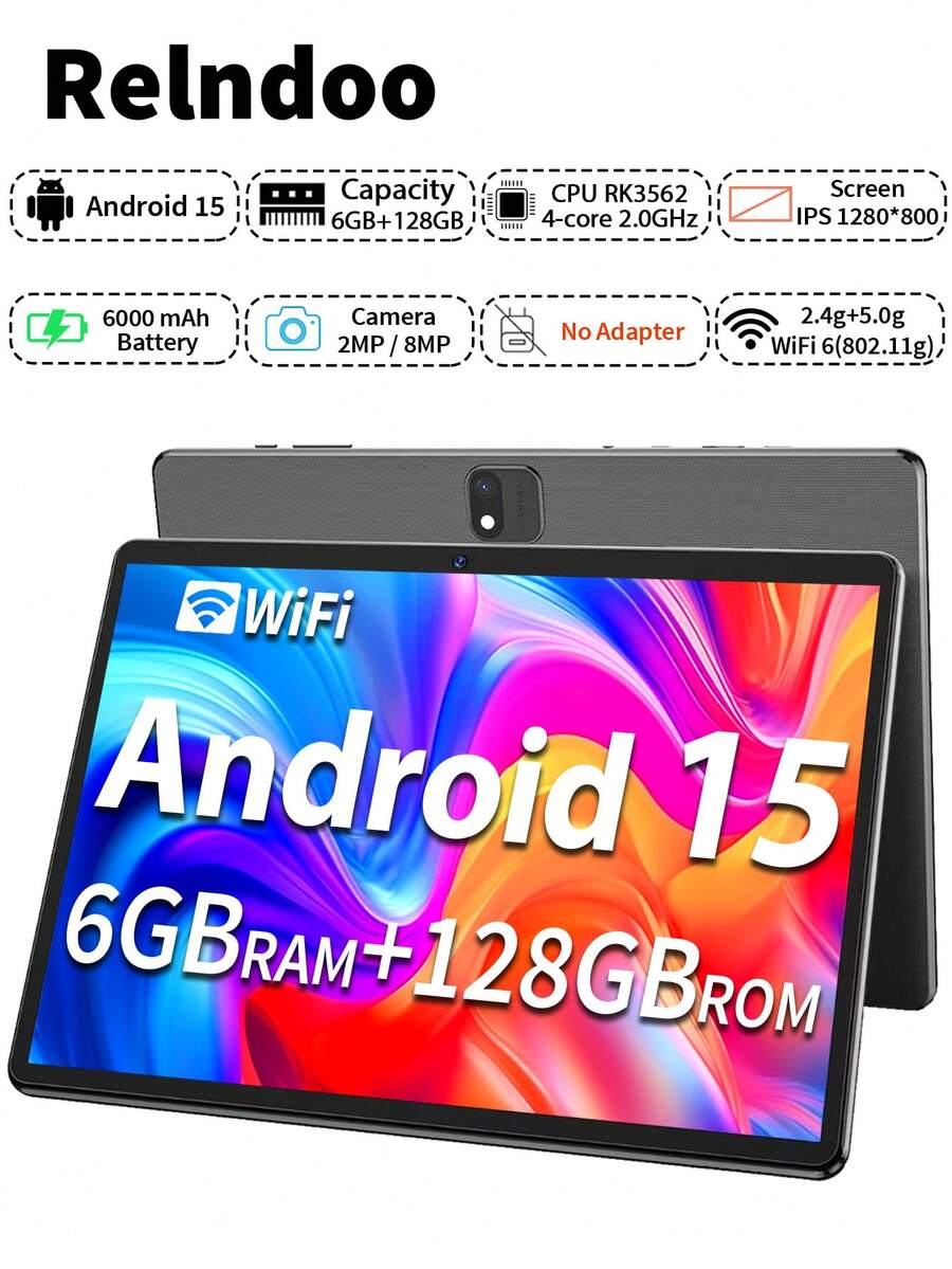 Relndoo 2025 TopS 10英寸安卓15平板电脑，(6GB+20GB) RAM + 128GB ROM，RK3562四核2.0GHz处理器，1280*800高清触控屏，6000mAh大容量电池，802.11n WiFi6双频2.4G/5G，2MP+8MP双摄像头，支持1TB SD卡扩展，适用于在线课程、小说阅读、视频播放、绘画和设计（不含适配器） - 黑色 - 查看 1
