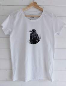 Crow T-Shirt For Women, Rook Women's Short Sleeved Tshirt, Bird T-Shirt Gift For Bird Lovers, Watercolor Print Shirt Gift For Her, Girl Gift - 白色 - 查看 1