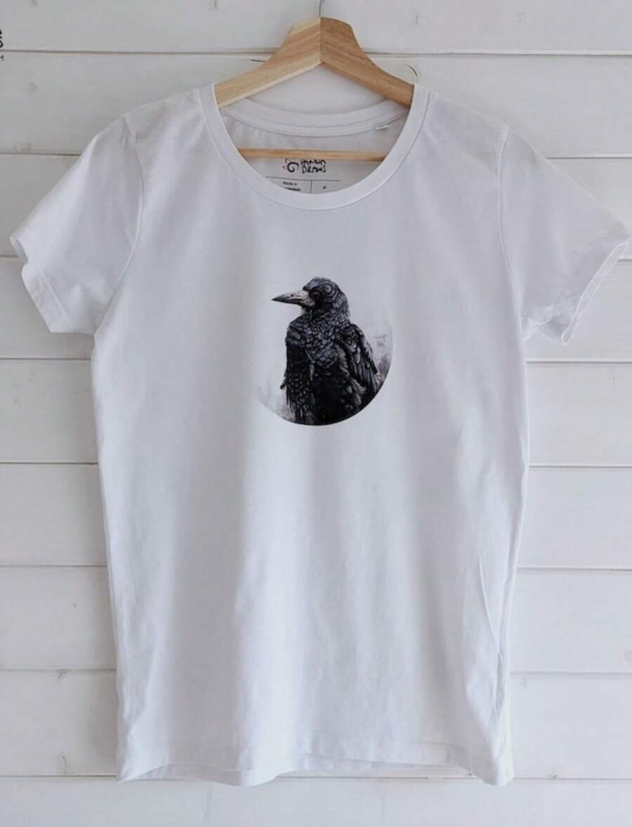 Crow T-Shirt For Women, Rook Women's Short Sleeved Tshirt, Bird T-Shirt Gift For Bird Lovers, Watercolor Print Shirt Gift For Her, Girl Gift - 白色 - 查看 1