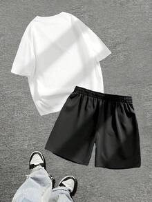 Men's Short Sleeved Shorts Set 2-Piece, Spring And Autumn Style Short Sleeved T-Shirt+Shorts, Soft And Comfortable, Machine Washable, Dry Cleanable, High-Quality - Artistic Font Slogan - Printed Pattern Pullover+Pants,  Hip-Hop Style, Suitable For Festivals, Back To School, Streets, Outdoor Outings - White+Black - View 2