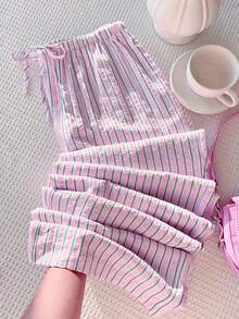 Womens Fall Striped Pants Casual Loose Fit Stylish Elastic Mid Rise Straight-Leg Trousers