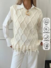 Fall Winter Women's Argyle Sweater Vest, Cozy Knitted Sleeveless Pullover V-Neck Top, Vintage V-Neck Slimming Distressed Fringe Detail Vest, Preppy, Chic Sweater Vest For Women - Multicolor - View 3