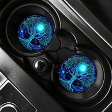 Tree Of Life Car Coaster-Set Of 2, Blue Glowing Tree Design Rubber Coasters, Washable Car Accessories, Car Cup Holder-Spiritual Lake View Home Decoration