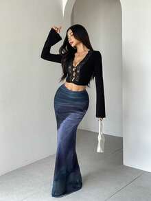 Saia Plissada Elegante Casual com Cintura Elástica e Estampa Degradê, Adequada para Noite, Férias, Jardim, Viagens Diárias, Todas as Estações