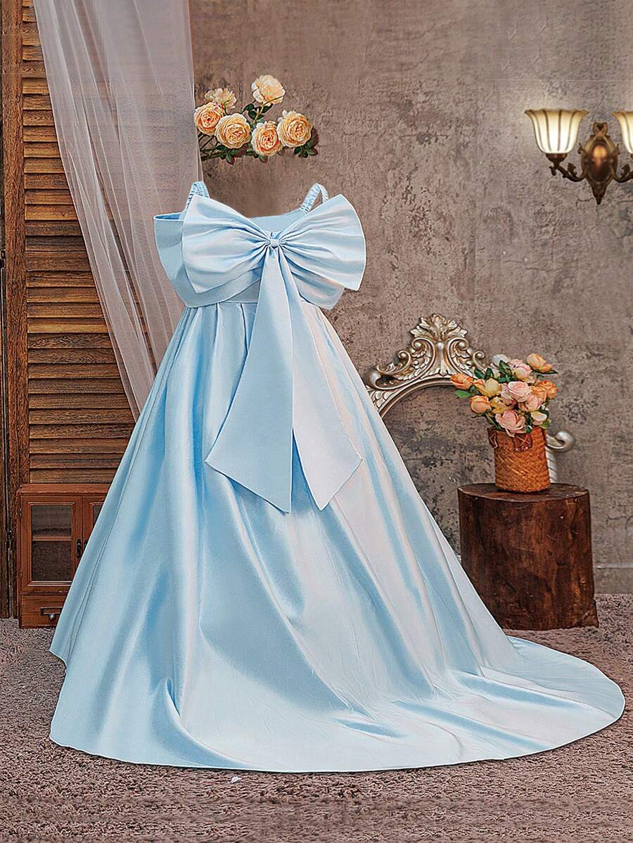 Tween Girls' Off-Shoulder Bowknot Flower Girl Dress, Luxury Princess Gown For Elegant Wedding, Party, Birthday, Communion, Bridesmaid - Blue - View 1