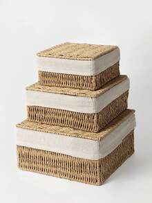 3pcs(S+M+L)/1set Handwoven Bohemian Style Storage Baskets With Lids, Rustic Woven Baskets For Bathroom, Desktop, Living Room, Bedroom, Kitchen, Versatile Organizer Bins, Ideal Gift Basket - Khaki - View 5