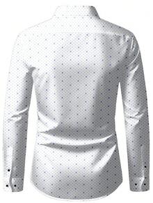Men's White Geometric Print Shirt, Slim Fit Long Sleeve Single-Breasted Collared White Shirt, Suitable For Spring, Summer, Autumn, Elegant And Fashionable Top For Business And Formal Occasions, Made Of Polyester - Blue and White - View 3