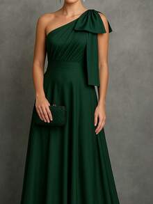 Bridesmaid Dress, Prom, Nude Rose, Terracotta, Serenity, Olive, Black Or Fuchsia, One-Shoulder Bow, Matte - màu xanh ngọc lục bảo - Xem 2
