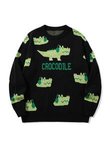 Suéter masculino casual folgado de cor sólida com estampa fofa de crocodilo e letras, ideal para outono e inverno.