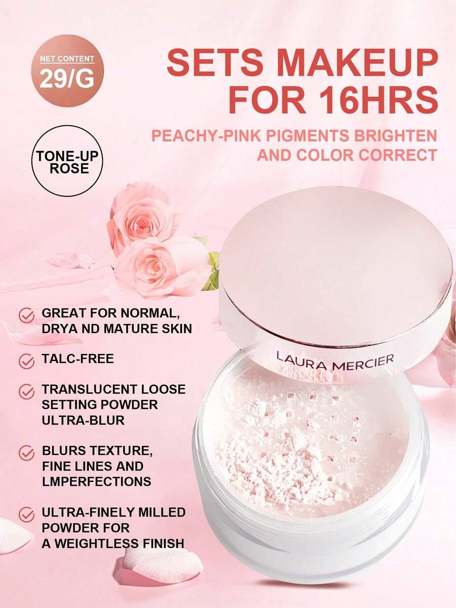 Laura Mercier 透亮散粉 提亮粉色調 #Rose(適用淺至中膚色)29g/1 Oz | 24小時控油 | 柔霧妝感 | 長效持妝 | 絲滑柔軟配方 | 不卡粉 | 無拍照反光 - 提亮玫瑰 - 查看 1