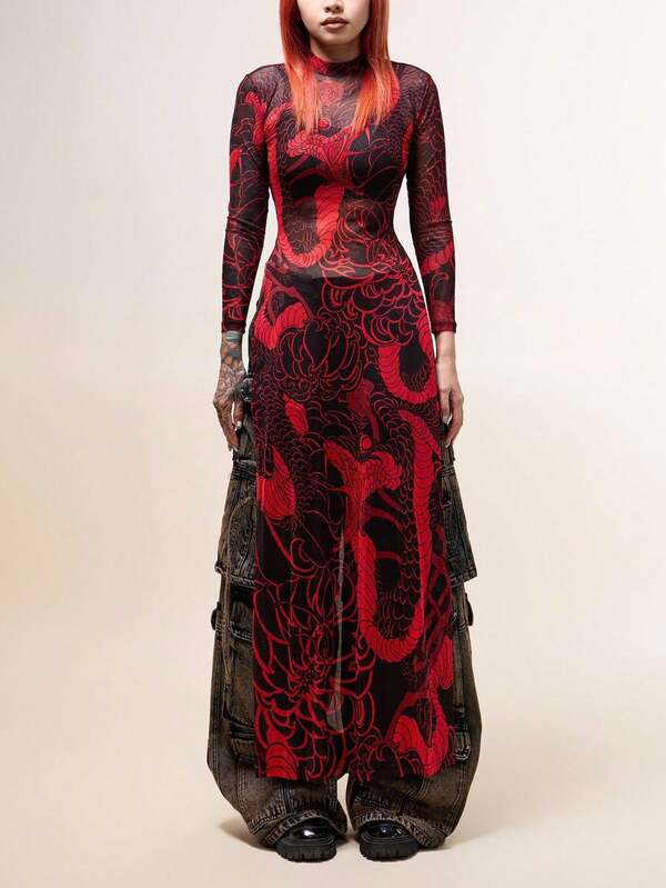 Summer Street Snake Skin Print High Neck High Slit Maxi Top