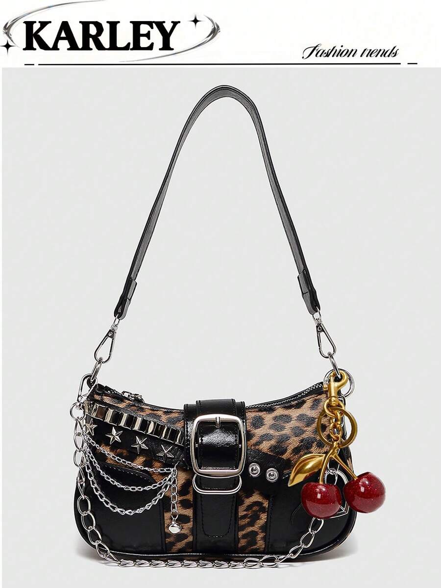 Y2K 时尚百搭星月设计独特银色千禧年肩链斜挎包，完美契合女孩街头风、派对装扮，亦可作为礼物赠送。星空印花女包 Y2K - 黑色 - 查看 1