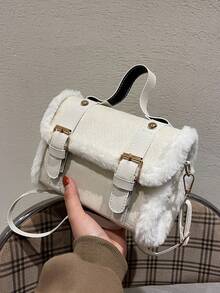 1 件女士时尚翻盖小斜挎包，别致毛茸茸边缘手提包，单肩斜挎包 - 白色 - 查看 7