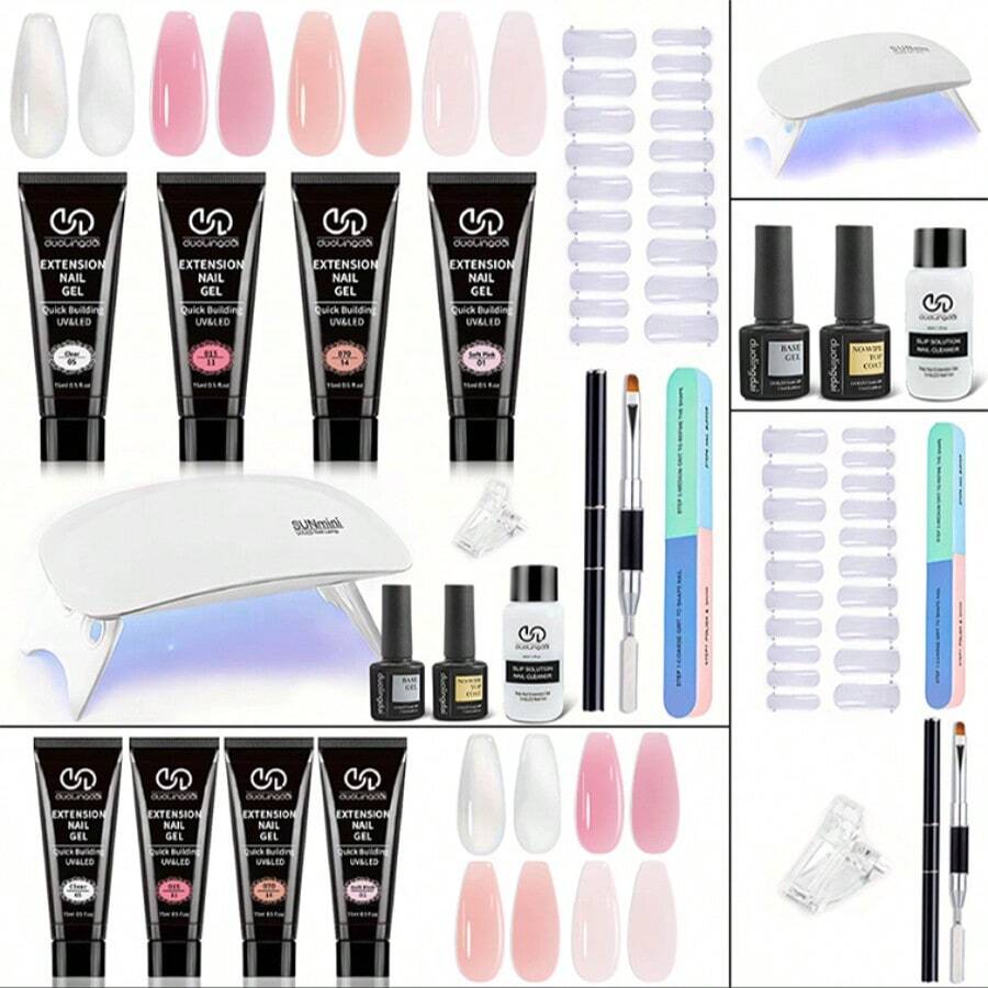 Complete Poly Gel Nail Extension Kit - 4 Vibrant Colors, Strong & Durable Builder Gel With Compact Nail Lamp - Easy-To-Use At Home For Salon-Quality Results, Includes Nail Glue & More, USB Powered, Gel Nail Supplies, Easy To Operate. - Nhiều màu - Xem 1