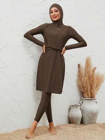 VFJ 休闲女士高腰布基尼泳衣，圆领长袖，高弹面料，保守泳装