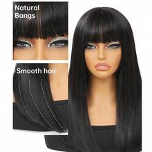 16ihch 女士长款黑色假发，带刘海，黑色长直发，黑色假发，合成假发，易于佩戴 - 彩色 - 查看 8