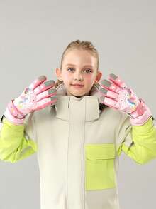 1 Pair Kids Cartoon Pattern Winter Warm Outdoor Sports Snow Ski Gloves, Waterproof And Windproof