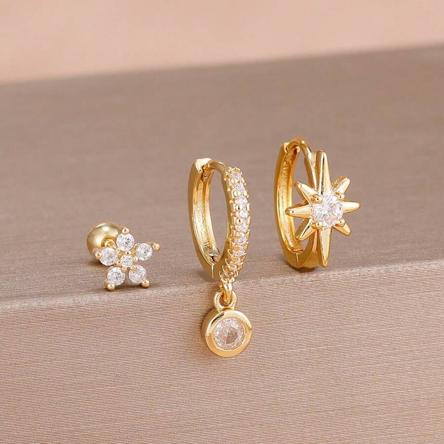 3件套单侧耳饰时尚星形锆石可叠戴耳钉，18K镀金不锈钢立方氧化锆独特花朵星形耳钉套装，优雅穿孔饰品，适用于耳骨、耳屏、耳廓、耳垂等部位，适合女性和女孩佩戴。 - 金-白-3pcs - 查看 1