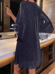 女式V领亮片喇叭袖宽松短款连衣裙 - 藏蓝色 - 查看 8