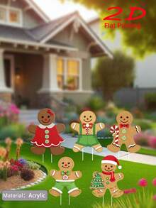 5 pièces Piquets de jardin en forme d'homme en pain d'épices en acrylique, convient pour la cour, la pelouse et les fêtes de vacances - cadeau idéal pour la famille et les amis - plat 2D, monté au sol, sans électricité requise, thème festif, occasion de Noël, matériau en plastique. Décoration de jardin, décoration de Noël, décoration extérieure