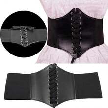 Waist Cincher Corset Wide Band Elastic Tied Waspie Belt Leather Soft Adjustable Black - 1 - 查看 7