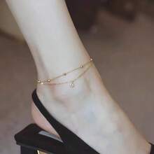 1 件不锈钢 18K 镀金双层锆石吊坠脚链，时尚精致，适合日常佩戴、海滩和度假 - 金色 - 查看 5