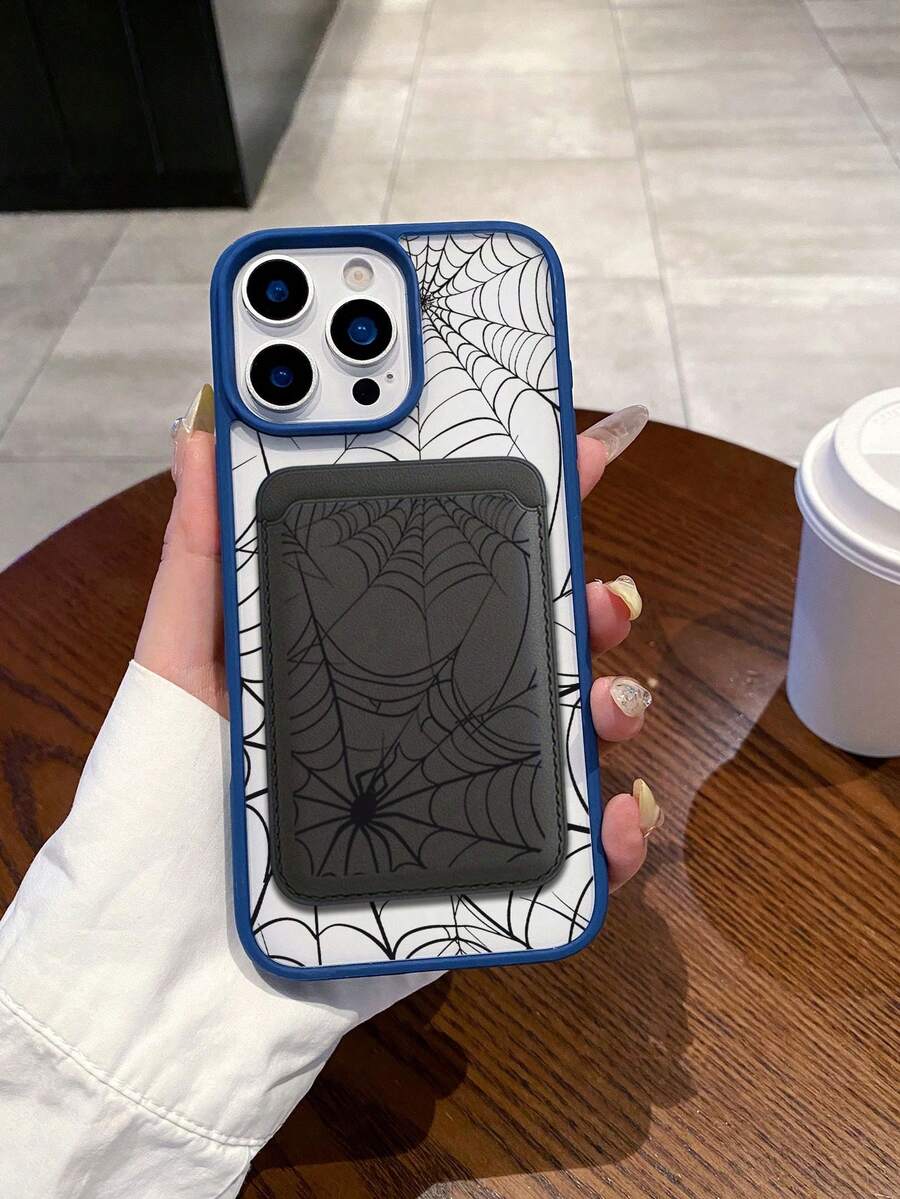 1pc Spider Web Design Pattern Magnetic Mobile Phone Case, With Magnetic Card Holder, Can Hold Credit Card And Bank Card, Compatible With Magnetic Charger, Suitable For All Models Of IPhone 17/17 Pro/17 Air/17 Pro Max, Can Be Used For IPhone 11/12/13/14/15/16/Pro/Plus/Pro Max/16e Mobile Phone Cases - Màu xanh lam - Xem 1