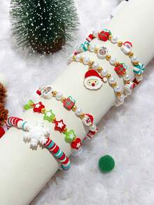 3pcs/6pcs Girls' Snowflake, Santa Claus, Star Shaped Polymer Clay Beaded Charm Bracelet, Suitable For Christmas Party, Best Friends, Sisters, Assorted Polymer Clay - Multicolor - View 9