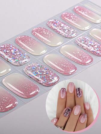 16pcs Pink Semi Cured Gel Nail Strips, Laser Glitter Gradient Self-Adhesive Gel Nail Full Wraps, Easy Manicure, Salon Quality, Nail Stickers For Ladies Home DIY