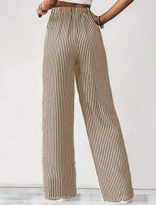 Wide Leg Striped Elastic Palazzo Pants With Pockets - Coffee Brown - View 2