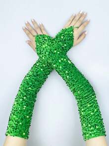 1 对闪亮亮片露指天鹅绒圣诞臂套，派对服装配饰，适合所有季节
