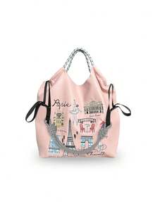 1pc Fashion Versatile Leather Embroidered Architecture Pattern Foldable Large Capacity Tote Bag, Adjustable Shoulder Strap For Daily Commute & Shopping