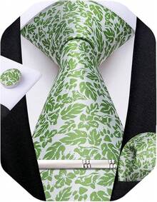 Silk Floral Necktie Set With Tie Clip, Handkerchief & Cufflinks - Green Floral - View 1