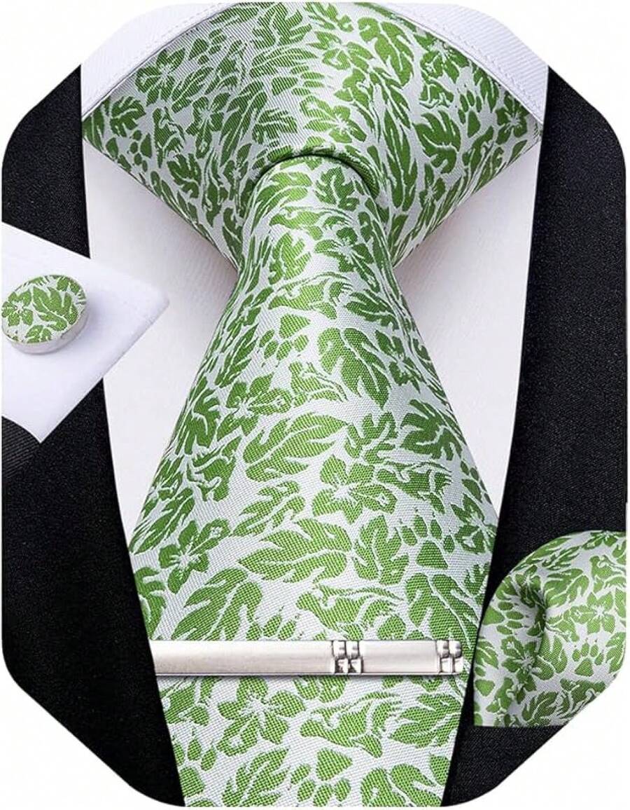 Silk Floral Necktie Set With Tie Clip, Handkerchief & Cufflinks - Green Floral - View 1