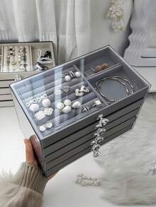 1pc, 7 Compartments 5 Layers Velvet Jewelry Box Drawer-Style Jewelry Box Ring Box Earring Storage Box Drawer-Style Jewelry Storage Box,3 Layers Clear Plastic & Velvet Drawers Jewelry Storage Box
