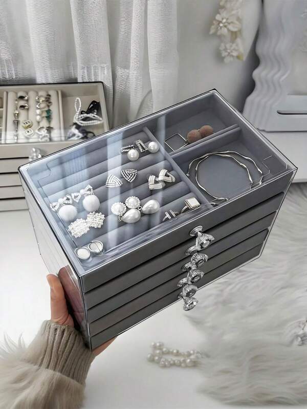 1pc, 7 Compartments 5 Layers Velvet Jewelry Box Drawer-Style Jewelry Box Ring Box Earring Storage Box Drawer-Style Jewelry Storage Box,3 Layers Clear Plastic & Velvet Drawers Jewelry Storage Box