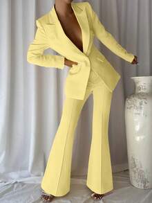 2pcs Solid Color Button Women's Suit Set, Suitable For Office And Daily Wear, All Seasons - 黃色 - 查看 6