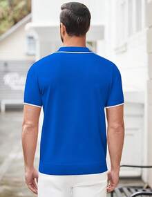 Men's Zipper Polo Shirt Casual Knit Short Sleeve Polo T Shirt Classic Fit Shirts - 寶藍色 - 查看 4