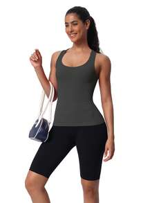 Seamless Workout Tank Top For Women With Built In Bra, Padded Racerback Athletic Yoga Camisole - Kolgrå - Visa 6