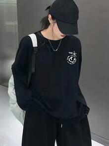 女士滑板英文印花薄款长袖T恤，时尚百搭，秋冬休闲黑色春季款 - 黑色 - 查看 2