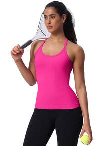 Workout Tank Tops For Women Built In Shelf Bras Padded -Racerback Athletic Tank Tops Ribbed Yoga Shirts - 野莓色 - 查看 5