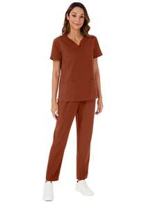V-Neck Pocket Short Sleeve Top And Pocket Long Pants Pajama Set - Coral Orange - View 7