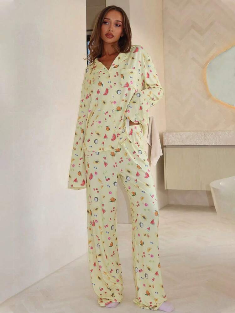 Women's Autumn/Winter Comfortable 2 Pieces Set, Long Sleeve Collared Single-Breasted Top And Straight Leg Pants, Solid Color Loose Casual Suit Spring - Yellow Print - View 6