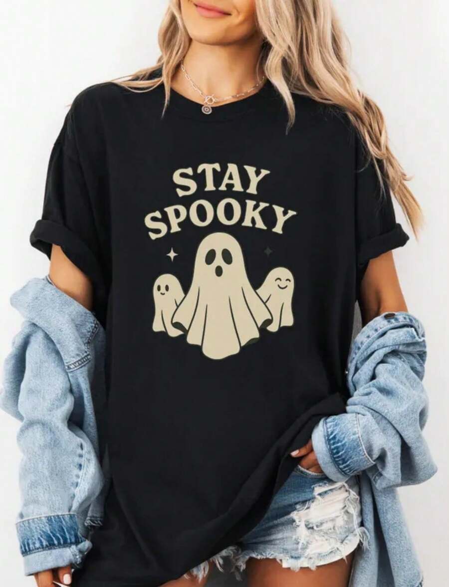 Stay Spooky Halloween Ghost T-Shirt – Cute Retro Ghost Tee For Women, Spooky Season Shirt, October Fall Shirt, Funny Ghost Graphic Tee - màu đen - Xem 1