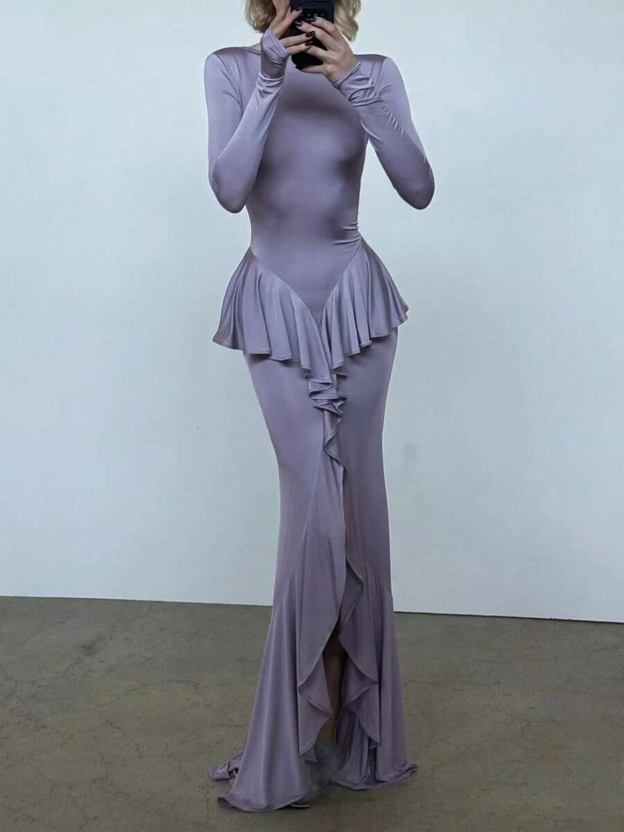Fishtail Slit Design Waist Ruffle Sexy Round Neck High Slit Dress Long Skirt