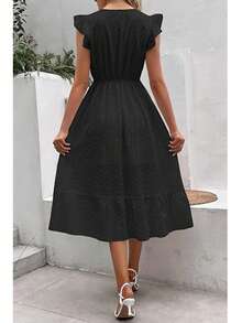 Long Beach Dress With Wrap Hem And Ruffle, Vacation Outfit For Women - Black - View 3