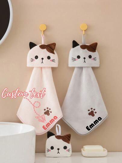 Toalla de mano personalizada con 1 gato de dibujos animados lindo - Toalla de bolsillo de felpa de coral suave para baño y cocina - Toalla de secado absorbente y de doble cara para decoración de baño familiar en verano, Toalla personalizada, Toalla de dibujos animados, Toalla linda